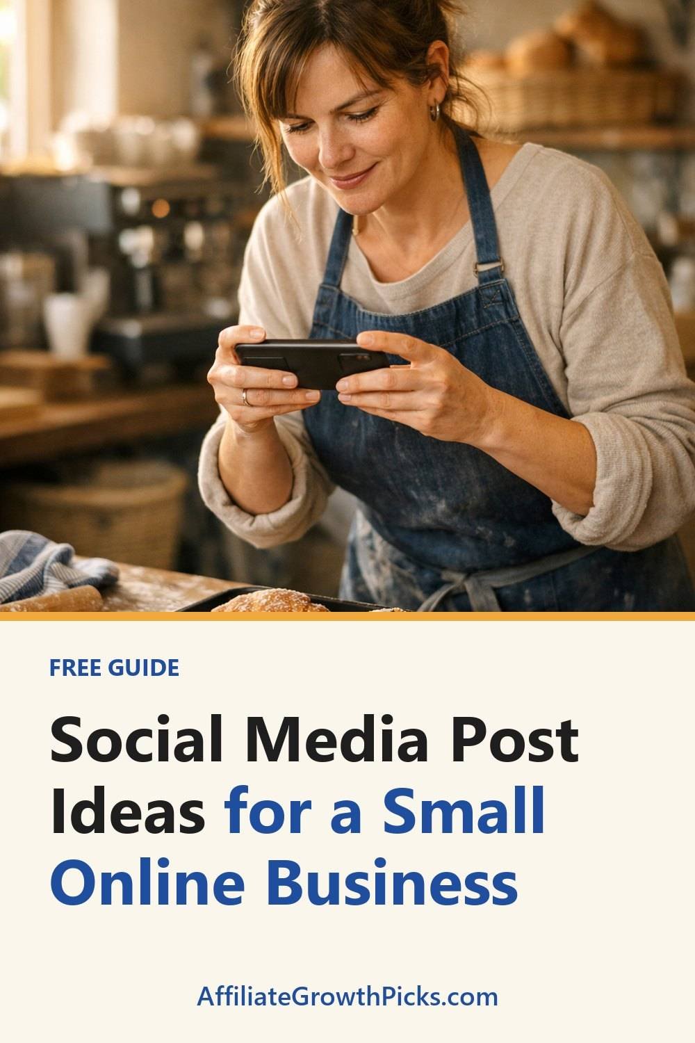 Social Media Post Ideas for a Small Online Business. The list includes Helpful posts, Behind the scenes, Conversation posts.
